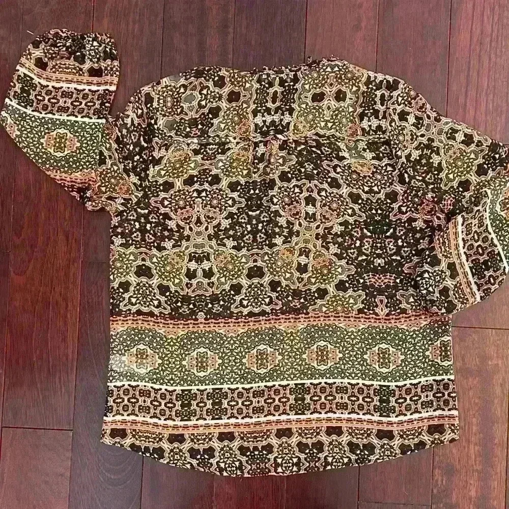 Democracy Women’s Boho Tie Front Tunic Top 3/4 Sleeve Sheer Shirt Blouse Size L - Picture 4 of 8